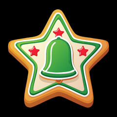 Classic Gingerbread Star Biscuit with White and Green Icing Featuring a Festive Christmas Bell Decoration - Vector Illustration