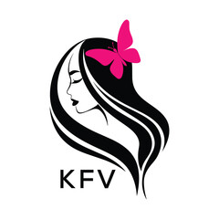 KFV Elegant Woman Hair Logo with Butterfly. KFV Beauty Salon, Hairdresser & Feminine Brand Identity KFV Modern Beauty Design.
