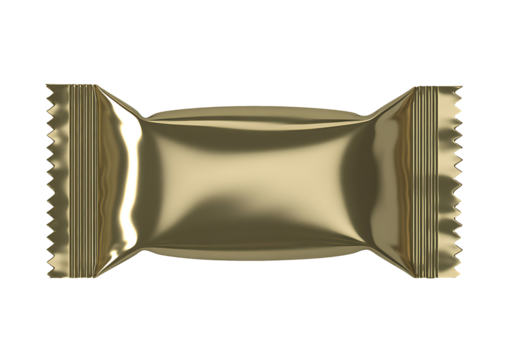 Shiny metallic gold sealed snack bar wrapper with crinkled ends showcasing flexible packaging design for various food products like candy and chocolate