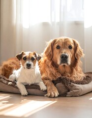 A sweet portrait showcases two canine companions, a Jack Russell terrier and a golden retriever, relaxing indoors on a plush bed near a sunlit window