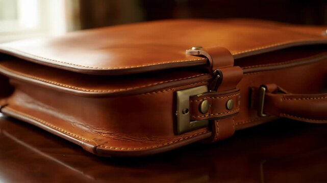 Close up shot of a brown leather briefcase on a wooden table