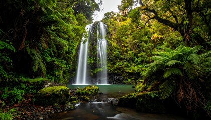 Lush waterfall cascading into a tranquil pool, surrounded by a dense jungle