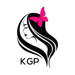 KGP Elegant Woman Hair Logo with Butterfly. KGP Beauty Salon, Hairdresser & Feminine Brand Identity KGP Modern Beauty Design.
