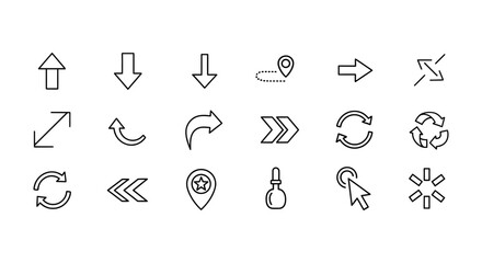 Collection of arrow icons navigation direction pointers refresh recycle location and cursor set