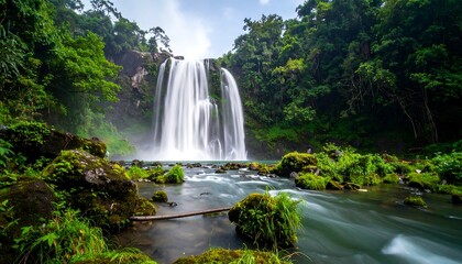 Lush waterfall cascading into a tranquil pool surrounded by dense green jungle