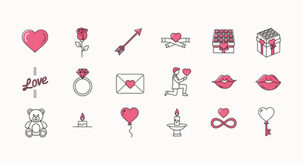 Valentine's day love icons romantic elements heart rose gift arrow kiss and proposal design
