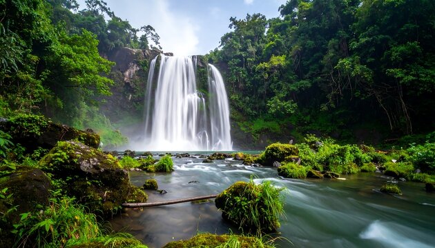 Lush waterfall cascading into a tranquil pool surrounded by dense green jungle - Powered by Adobe