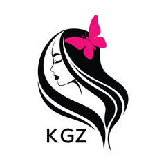KGZ Elegant Woman Hair Logo with Butterfly. KGZ Beauty Salon, Hairdresser & Feminine Brand Identity KGZ Modern Beauty Design.
