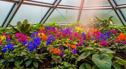 Vibrant Flower Bed Under Modern Glass Geodesic Dome Greenhouse