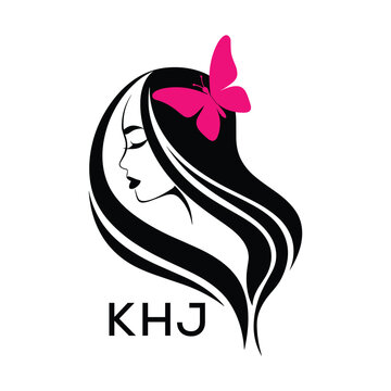 KHJ Elegant Woman Hair Logo with Butterfly. KHJ Beauty Salon, Hairdresser & Feminine Brand Identity KHJ Modern Beauty Design.
