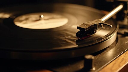 A vintage turntable playing a vinyl record with warm lighting - Powered by Adobe
