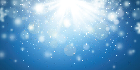 Winter vector background, rays and radiance of the sun, blur and bokeh effect, blizzard and snowfall, banner
