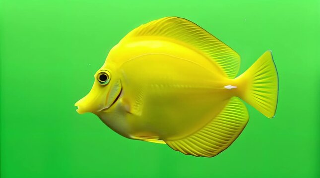 A yellow tang fish with smooth body and fins spread, isolated on a bright green background