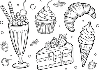 Hand drawn black and white sketch of delicious desserts including ice cream cake and croissant