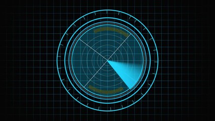 Futuristic Blue Radar Screen Displaying a Sector Scan and Target Indicators on a Grid animation Background. Dynamic blue radar display with animated sector sweep and target points on grid, modern. - Powered by Adobe