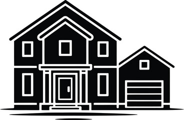 Modern suburban house with attached garage silhouette on white background