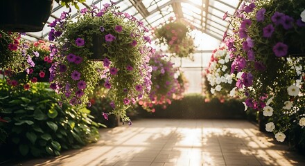 Sunlit Greenhouse Interior with Abundant Hanging Petunia Baskets and Lush Greenery