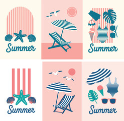 Collection of six charming summer beach themed illustrations with umbrellas and chairs