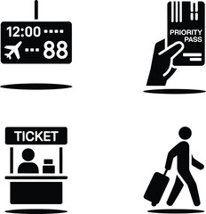 Set of four black and white travel icons representing airport departure board ticket booth and boarding pass