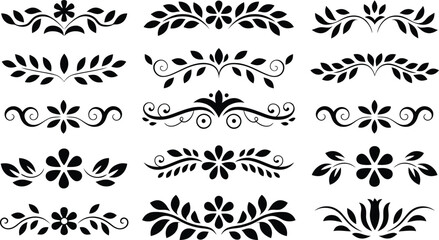 Collection of elegant black floral and leaf ornamental dividers and borders