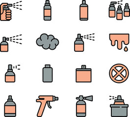 Collection of spray bottle and aerosol can icons representing various spray applications and products