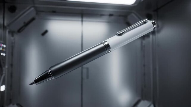 Shiny silver and white pen floating in a futuristic space
