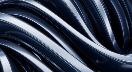 Abstract background of glossy, dark metallic tubes or bands curving and intertwining in a complex structure.