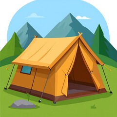 A vibrant cartoon illustration of a camping tent pitched on a grassy terrain, with mountains and trees in the background