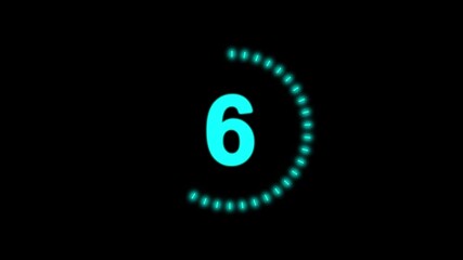 Cyan Neon Countdown Timer with Number 10 ti 0 and Pulsing Circle on animation Black eight. Futuristic cyan neon countdown circle animates 10 to 0, great for digital ads, sci-fi intros or presentation. - Powered by Adobe