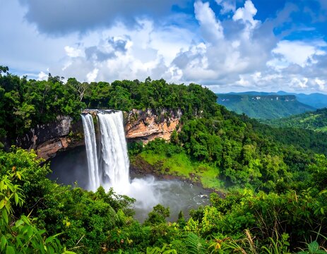 Lush waterfall cascading over a cliff face, surrounded by tropical vegetation