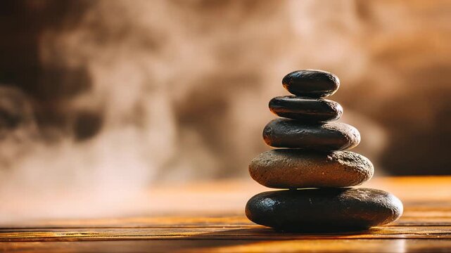 A stack of smooth, dark stones sits balanced atop a wooden surface with a blurred, smoky backdrop