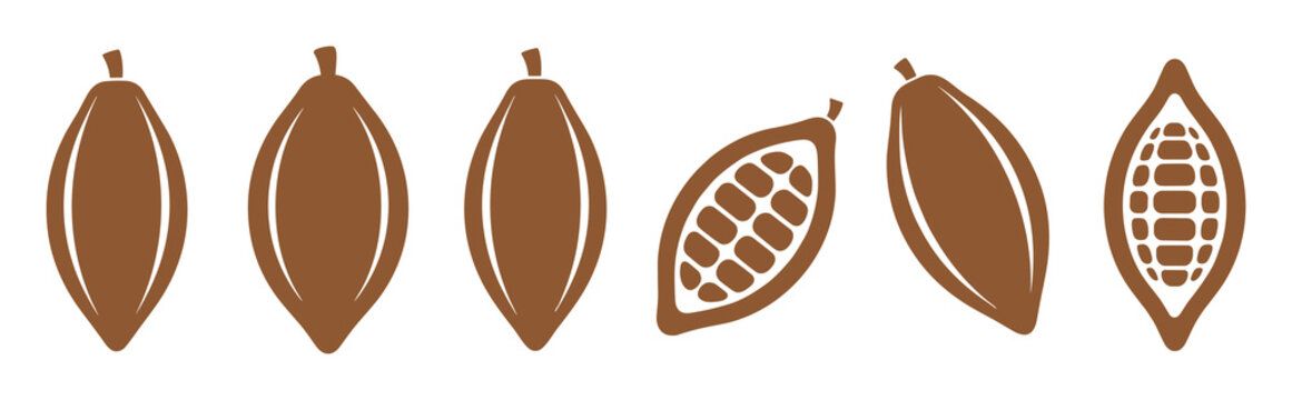 Cocoa pod silhouette collection isolated on white background. Cacao beans food ingredients