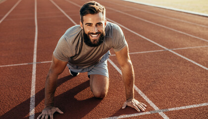 Obraz premium Smiling Runner Ready at Starting Line on Outdoor Race Track