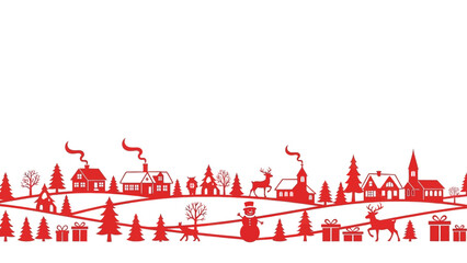 Seamless festive red Christmas village silhouette, a charming winter wonderland background for holiday designs