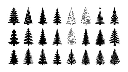 Collection of diverse Christmas and pine tree silhouettes for holiday designs and winter landscapes