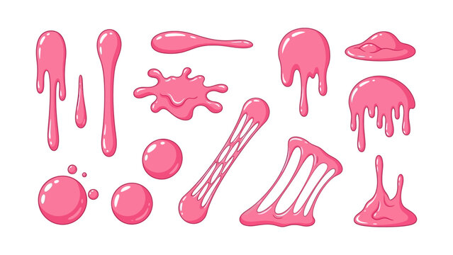 A vibrant collection of pink bubble gum drips, sticky stretchy goo, and sweet candy splatters