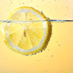 A vibrant, close-up shot of a lemon slice submerged in fizzy, yellowish water. Bubbles surround the fruit, creating texture