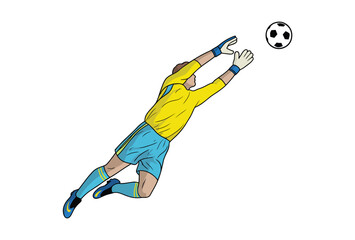 Athletic soccer goalkeeper diving save, stopping a goal attempt with outstretched hands, dynamic sports action moment, professional football match illustration.