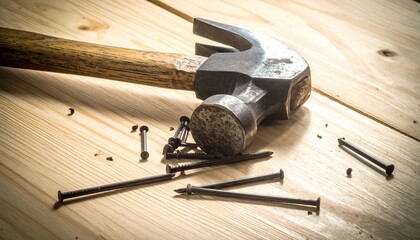 A hammer and scattered nails resting on a light wooden surface, hinting at construction or repair