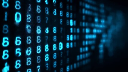 Dark digital background featuring a vertical film strip design with binary code and abstract numerical patterns in a futuristic technological aesthetic - Powered by Adobe