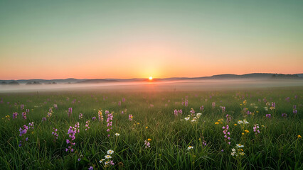 Obraz premium Golden sunrise over a misty meadow with wildflowers
