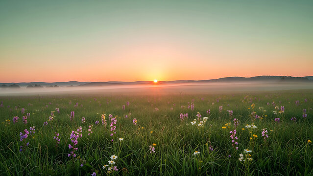 Golden sunrise over a misty meadow with wildflowers - Powered by Adobe