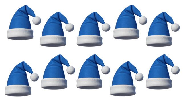 Festive blue Santa hats arranged for holiday cheer and winter celebrations