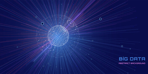 Abstract futuristic data massiv with sphere from rays connecting color circles on dark. Sphere in array data. Concept visualization for technology, analytics and science