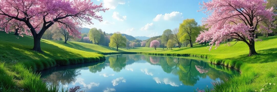 Serene spring landscape featuring a tranquil pond reflecting the clear blue sky, surrounded by blossoming trees and lush green grass, embodying the peacefulness of the season , blossoms, sunlight