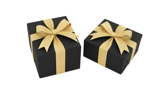 Two elegant black gift boxes with luxurious golden ribbon bows