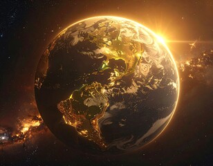 A photorealistic image of Earth from space, with city lights and a bright sunburst over the horizon