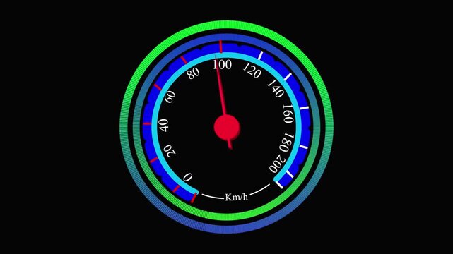 Circular speedometer with red needle indicating speed on a animation black background dial gauge.Red needle indicates speed, perfect for vehicle dashboards, racing tutorials, or digital UI animations.