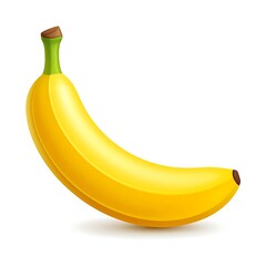 A photorealistic, vibrant, yellow banana with a green stem and brown tip, curved against a white background