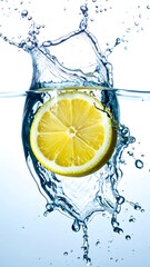 A vibrant cross-section of a lemon plummets through water, creating an artistic splash against a clean white backdrop